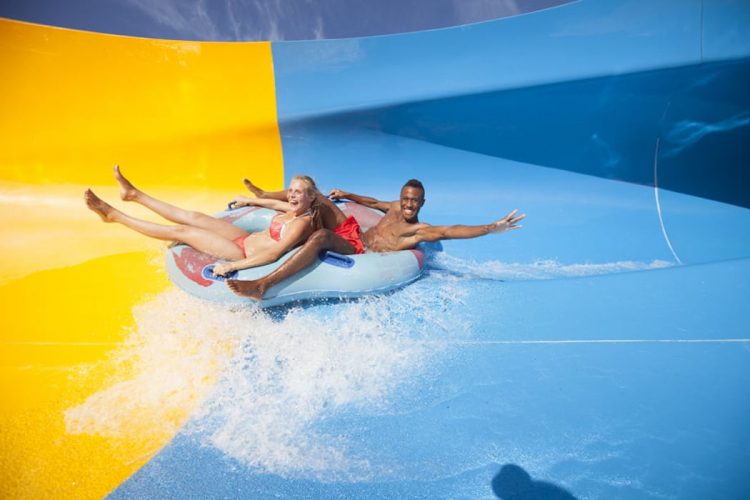 Slide and Splash (3) Happy guests take the plunge at Slide and Splash waterpark in Lagoa